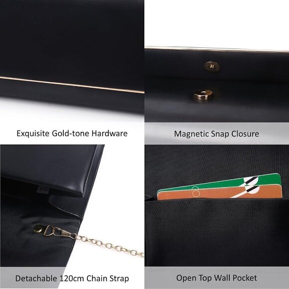 Women Black Vegan Leather Chain Crossbody Clutch Envelope Evening Bag for Party - Picture 7 of 9